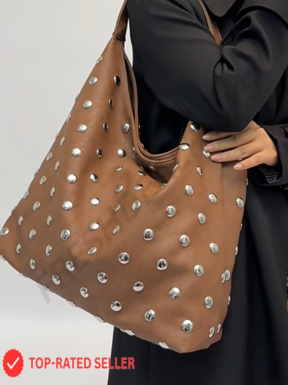 Studded Slouchy Hobo Bag Vegan Leather Shoulder Tote Purse Y2K Punk - Picture 7 of 7